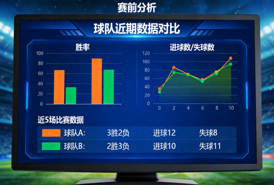赛前分析屏幕上展示的球队近期数据对比图表