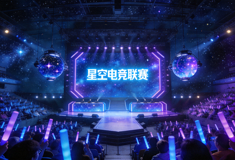 星空电竞大型电竞赛事现场舞台与观众席全景画面